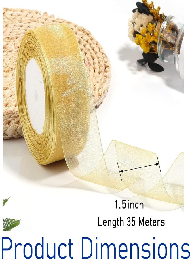 إمبرينت شريط شيفون أورجانزا ذهبي فاتح شفاف مطبوع، عرض 1.5 بوصة، طول 35 مترًا، لتغليف الهدايا والأعمال اليدوية - Image 2